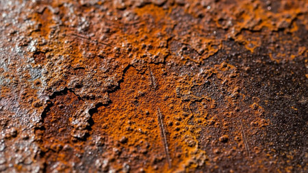 Extreme close-up macro view of a heavily rusted metal surface, showcasing peeling layers of vibrant orange and deep brown textures.の素材