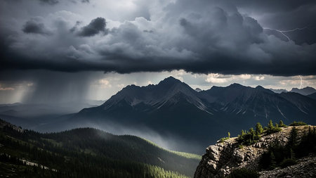 With showing dramatic mountain landscape with stormy clouds and lightning strike. resolution use.の素材