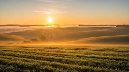 (2745) showing golden sunrise over rolling misty hills and lush green agricultural fields with sun rays breaking through fog. resolutionの素材