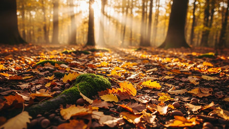 Sunbeams showing golden sunbeams pierce through autumn forest canopy illuminating fallen leaves and mossy ground below. resolutionの素材