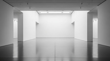 Black showing minimalist black and white interior of a modern gallery or museum exhibition space with polished floors and white walls.の素材
