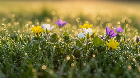Covered showing low angle view of small colorful wildflowers and green grass covered in sparkling dew drops during sunrise. resolutionの素材