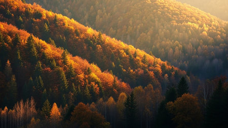 Sunlight showing golden autumn forest on a sunlit mountainside with warm orange and yellow foliage illuminated by sunlight. resolutionの素材