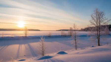 A serene winter landscape bathed in golden sunset light, with long shadows stretching across snow-covered ground and frosted trees.の素材