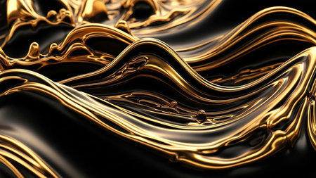 Abstract liquid gold waves flow smoothly over a dark black silk fabric background.の素材