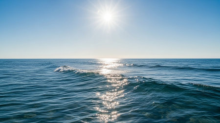 Clear showing bright sun shining over deep blue ocean waves reflecting sunlight on a clear day. resolution use.の素材