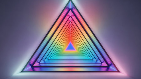 An infinite triangular tunnel illuminated by vibrant, rainbow-colored neon lights receding into the distance.の素材