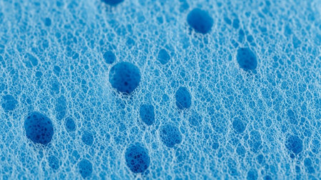 Texture showing extreme close-up macro texture of a blue sponge with bubbles and pores showing fine detail. resolutionの素材