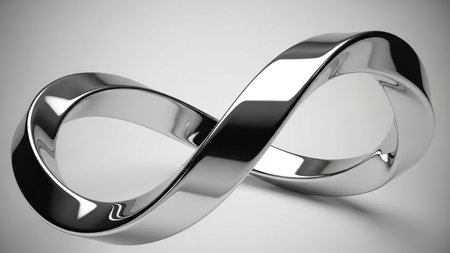 A polished silver mobius strip infinity symbol is shown against a soft gradient background.の素材