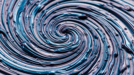 A close-up macro shot of swirling metallic blue and silver paint creating a hypnotic texture.の素材