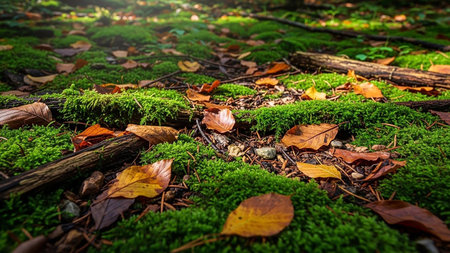 Branches showing forest floor covered in vibrant green moss with fallen autumn leaves and weathered wood keywords: forest floor, green moss, autumn...の素材