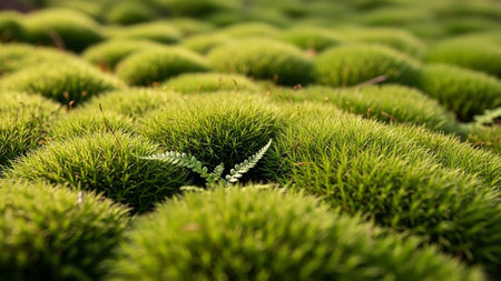 Textured showing close up macro view of vibrant green moss mounds with a delicate fern frond in the center keywords: moss, green, nature, macro,...の素材