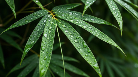 Blurred showing close-up of lush green bamboo leaves covered in numerous water droplets after rain, with a dark, blurred background. resolution...の素材