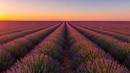 Countryside showing endless rows of blooming purple lavender fields stretch towards the horizon at sunset in provence france keywords: lavender...の素材