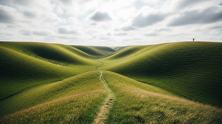 Arms showing a lone figure stands with arms outstretched on a hilltop overlooking rolling green hills and a winding path. resolutionの素材