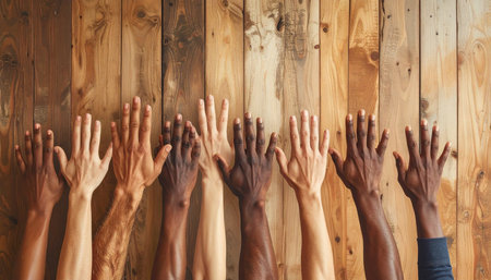 Plank showing a row of diverse hands with varying skin tones reaching upwards against a warm wooden plank background representing equality and...の素材