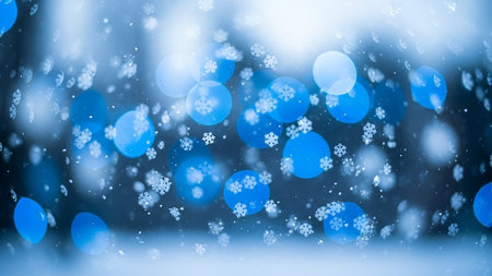 (2758) showing abstract blue bokeh lights and falling snowflakes for winter theme. resolution use.の素材