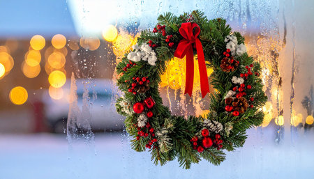 Christmas showing detailed christmas wreath with pine cones, red ornaments, and snow-like accents on a frosted window. resolutionの素材