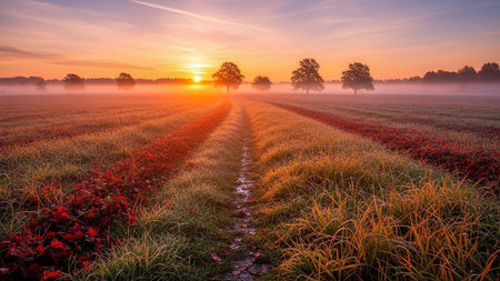 A narrow dirt path leads through a misty field with colorful red foliage and silhouetted trees under a vibrant sunrise sky.の素材