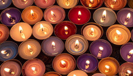 Shades showing array of colorful lit tea light candles with flickering flames in various shades of pink purple and red. resolutionの素材
