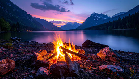 A lively campfire illuminates a rocky lakeside with towering mountains silhouetted against a dramatic purple and pink sunset sky.の素材