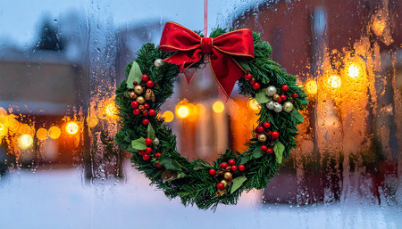 A green Christmas wreath with a bright red bow and small golden baubles is displayed on a window with visible raindrops and condensation, set...の素材