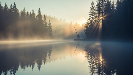 Woods showing misty forest lake at sunrise with sunbeams piercing through the fog and trees reflected in water keywords: forest, lake, mist, fog,...の素材