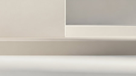 Stock showing minimalist interior scene with clean geometric forms beige walls and platforms creating a subtle architectural display space.の素材