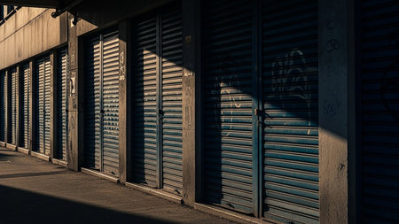 A row of closed blue metal roller shutters on a building's facade, casting strong shadows in the bright sunlight, creating a pattern of lines.の素材