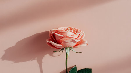 A single soft coral pink rose with a green stem and leaf casts a distinct shadow on a pastel pink surface.の素材