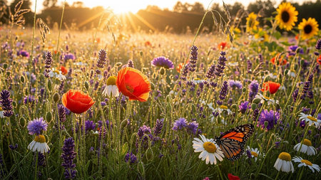 With showing vibrant wildflower meadow with poppies, lavender, and sunflowers at sunrise with butterfly. resolutionの素材