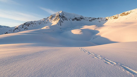 With showing snow-covered mountain landscape with rolling snowdrifts and footprints in the snow. resolution use.の素材