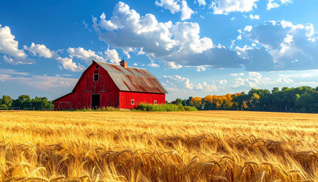 A bright red barn is centered in a vast field of golden wheat under a vibrant blue sky filled with fluffy white clouds.の素材