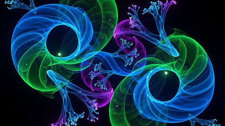 Keywords: showing swirling fractal patterns of luminous blue green and purple abstract shapes on a black background keywords: abstract, fractal,...の素材