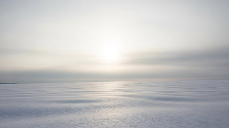 A wide, flat expanse of snow covers a field under a bright, overcast sky, with subtle, wave-like ripples creating a soft texture on the snowy surface.の素材