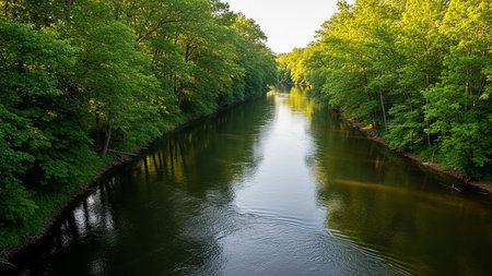 A wide river flows through a dense forest with lush green trees lining both banks, their reflections shimmering on the calm water surface.の素材