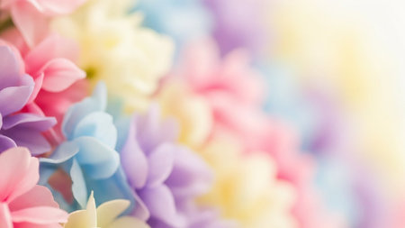 Soft pastel colored flower petals are blurred into a gentle gradient background, creating a dreamy and romantic abstract visual with delicate hues.の素材