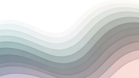 Soft gradient wave layers in pastel grey, blue, and pink create a gentle, undulating abstract background with smooth, curved lines.の素材