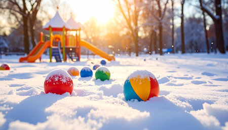 Playground showing colorful beach balls scattered in fresh snow with a vibrant playground in the background during golden hour keywords: snow,...の素材