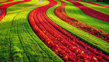 Undulating park landscape alternating stripes of bright green grass and rich red autumn leaves, showcasing a vibrant seasonal color palette.の素材
