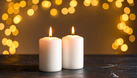 Keywords: showing two white pillar candles with glowing flames stand on a dark textured surface with a bokeh background of warm yellow lights...の素材