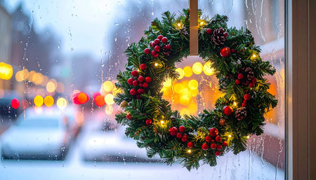 Illuminated showing illuminated christmas wreath with red berries and pine cones hanging on a rainy window with city lights. resolutionの素材