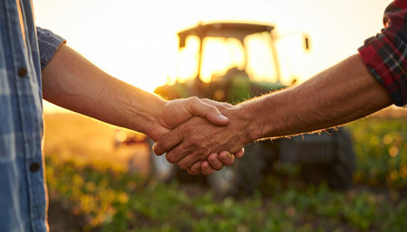 Crop showing farmers shaking hands in a field with a tractor during a warm sunset with lens flare effect keywords: handshake, farmers, agriculture,...の素材