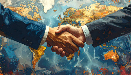 Men showing close-up of two business people shaking hands with a colorful abstract map background symbolizing international collaboration keywords:...の素材