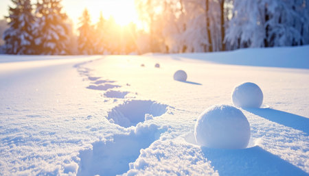(747) showing golden sunbeams illuminate a snowy landscape with footprints and snowballs leading into a frosted forest background. resolution...の素材