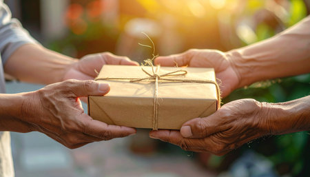 Hands of senior couple giving gift box to each other. Concept of love and valentine day.の素材