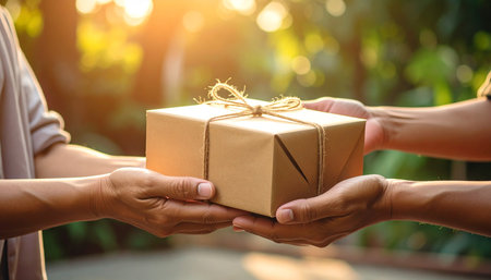 Close up of man and woman hands holding gift box on nature backgroundの素材