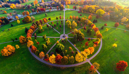 An expansive park landscape is viewed from above, showcasing a circular pathway lined with trees displaying vibrant autumn colors and a central...の素材