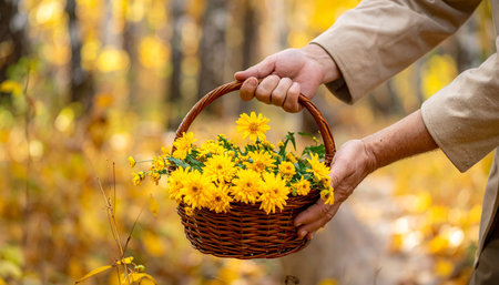 Stock showing hands holding a woven basket full of yellow flowers in an autumn forest with fallen leaves and blurred trees. resolutionの素材