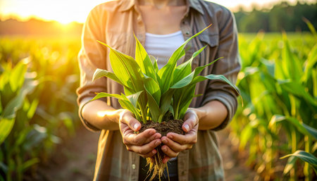 Hands gently hold a young corn plant with visible roots and soil, bathed in the warm glow of a setting sun in a vast agricultural field.の素材